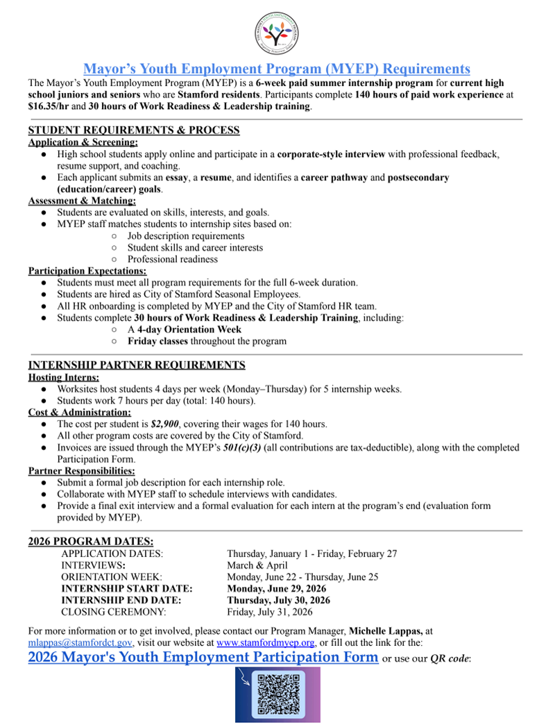 OPPORTUNITY TO SUPPORT STAMFORD YOUTH EMPLOYMENT